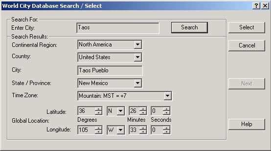 World City Database Search / Select Dialog